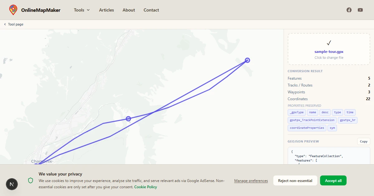 GPX to GeoJSON Converter — Convert GPS Tracks Free Online | OnlineMapMaker