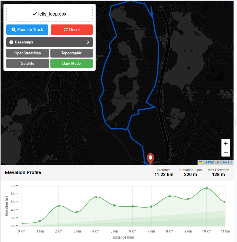 GPX data reader free web tool to view gps tracks online on dark map theme